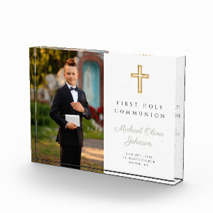 Modern Script First Holy Communion Boy Picture  Photo Block