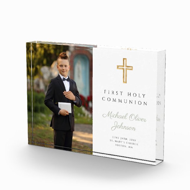 Modern Script First Holy Communion Boy Picture  Photo Block (Right)