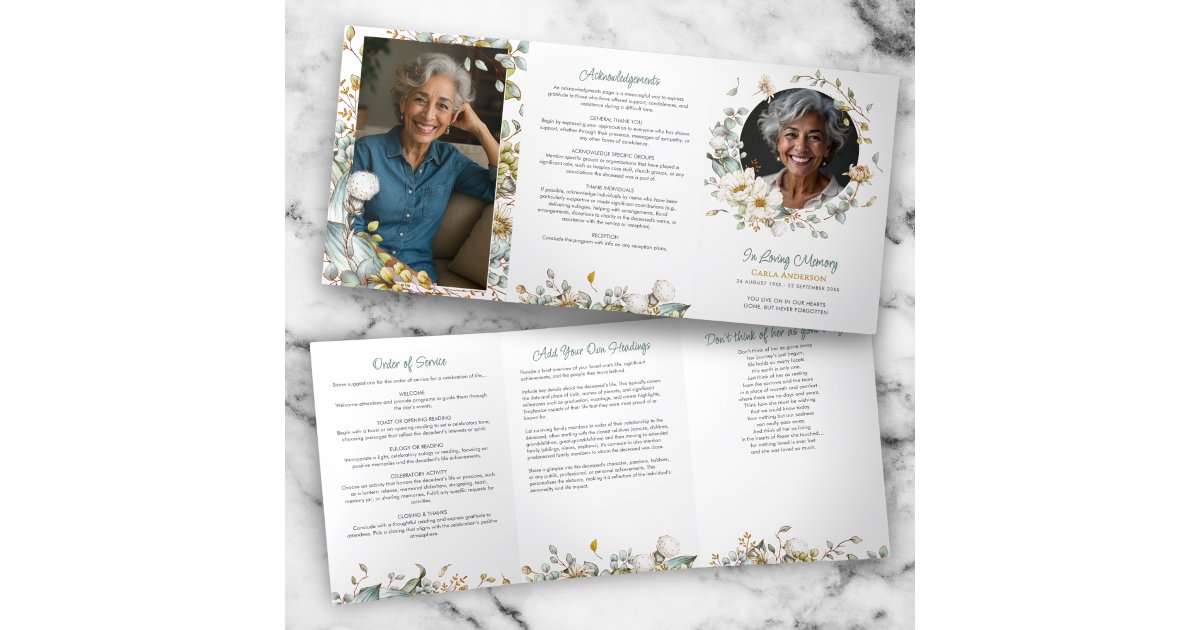 Modern Script Floral 2-Photo Funeral/Memorial Tri-Fold Program | Zazzle