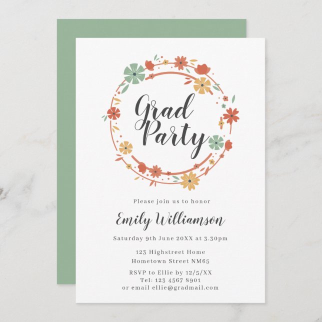 Modern Script Floral Graduation Party Invitation (Front/Back)