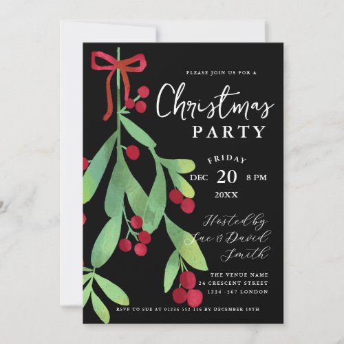 Modern Script Floral Mistletoe Xmas Holiday Black  Invitation