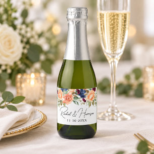 Modern Script Floral Monogram Wedding Sparkling Wine Label
