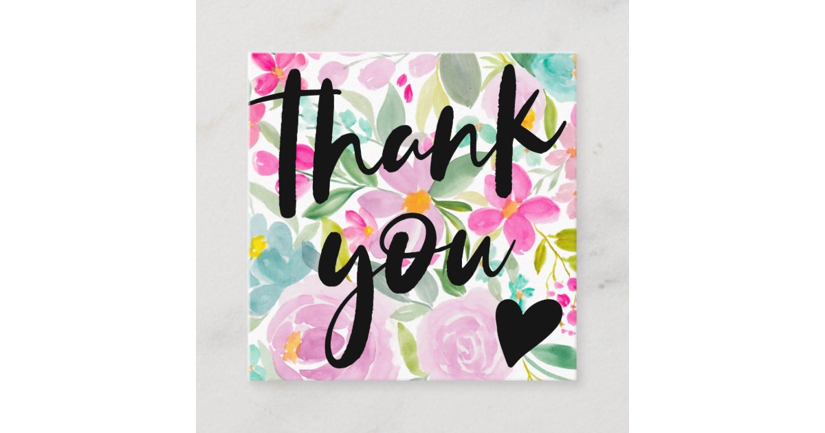 Modern script floral pink thank you square business card