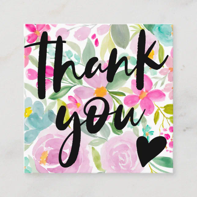 Modern script floral pink thank you square business card | Zazzle