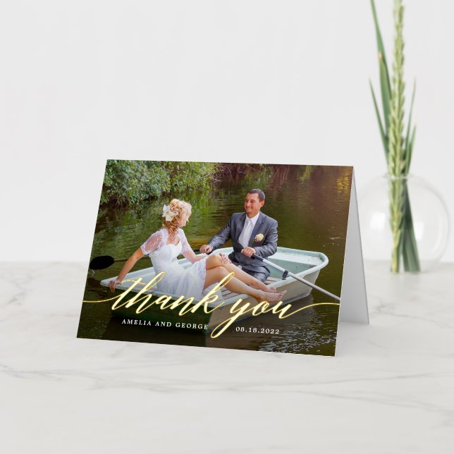 Modern Script FOIL Folded Photo Thank You Card (Front)