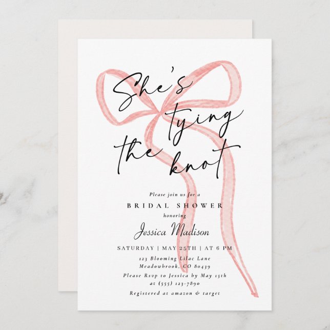 Modern Script Font Big Pink Bow Bridal Shower  Invitation (Front/Back)