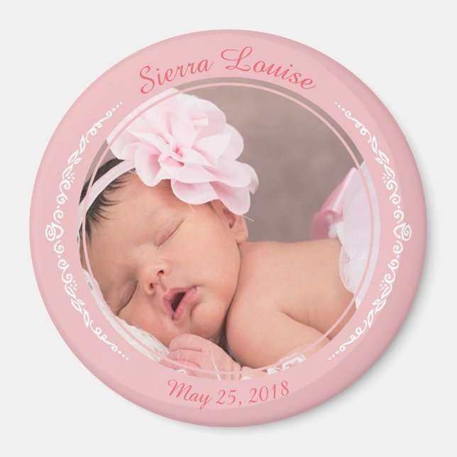 Modern Script Font  Blush Pink New Baby Girl Photo Magnet (Front)