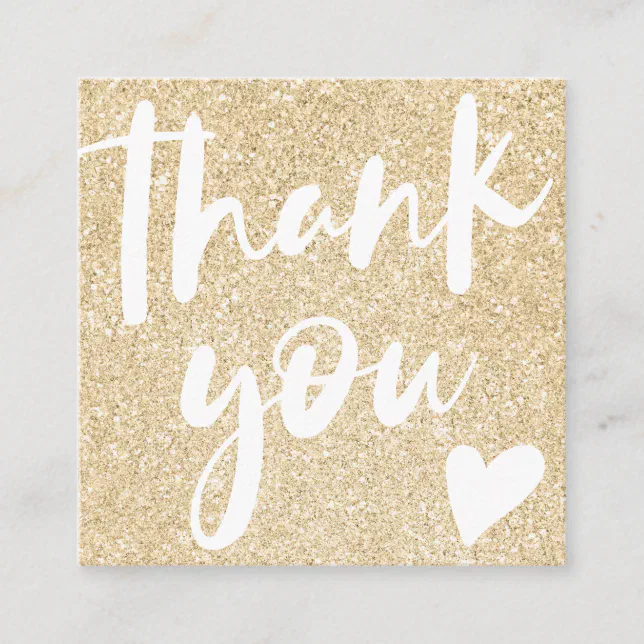 Modern script font gold glitter pink thank you square business card ...
