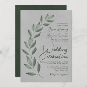 Modern Script Forest Green Leaves on Gray Wedding Invitation