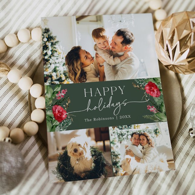 Modern Script Forest Green Watercolor Botanical Holiday Card (Creator Uploaded)