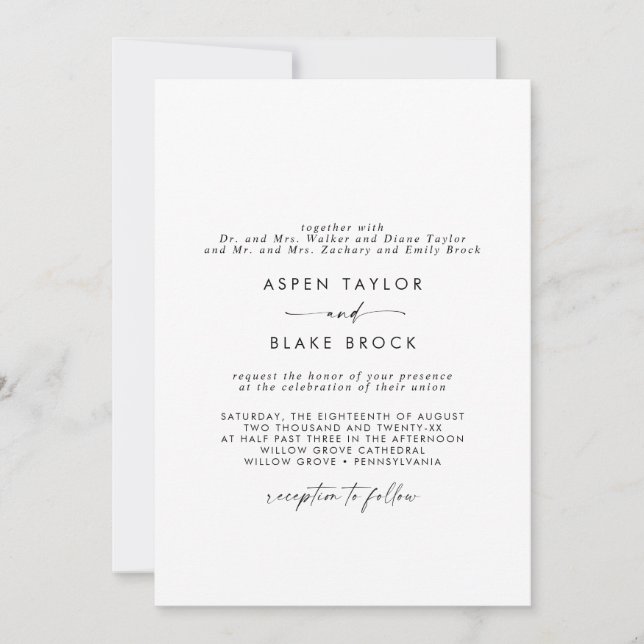 Modern Script Formal Couple & Both Parent Wedding  Invitation (Front)