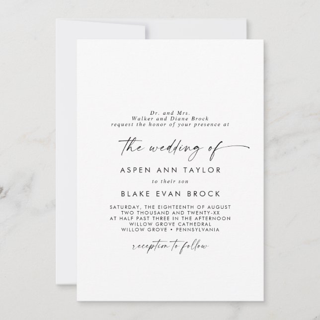 Modern Script Formal Grooms Parents Wedding Invitation (Front)