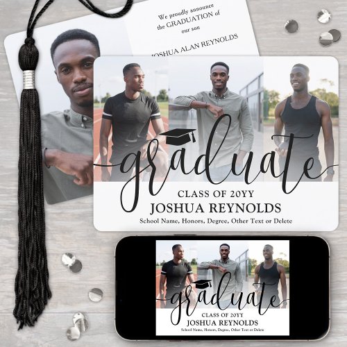 Modern Script Four Photo Black &amp; White Graduation Announcement