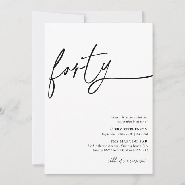 Modern Script Fourtieth Birthday Party  Invitation (Front)