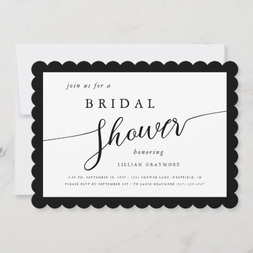 Modern Script Framed Black  White Bridal Shower Invitation