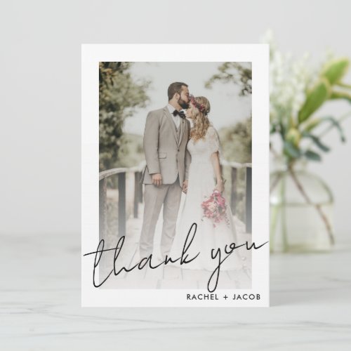 Modern Script Framed Photo Wedding Thank You Card