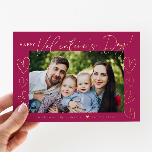 Modern Script Fuchsia Valentines Day Photo Foil Holiday Card