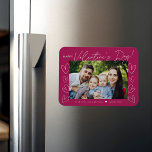 Modern Script Fuchsia Valentine's Day Photo Magnet<br><div class="desc">Modern Valentine's day magnet featuring "Happy Valentine's Day" in a trendy white script with hand-drawn hearts along the sides of the design on a fuchsia background. Your horizontal photo is displayed near the middle of the design. Personalize the Valentine's Day photo magnet by adding your name and the year in...</div>
