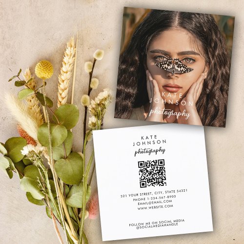 Modern Script Full Photo QR Code Social Media Square Business Card