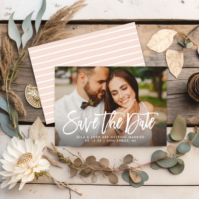 Modern Script Full Photo Wedding Blush Back Save The Date (Creator Uploaded)