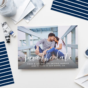 Modern Script Full Photo Wedding Navy Back Save The Date