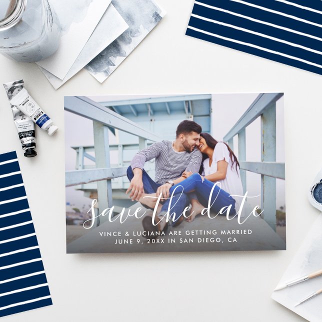 Modern Script Full Photo Wedding Navy Back Save The Date (Creator Uploaded)