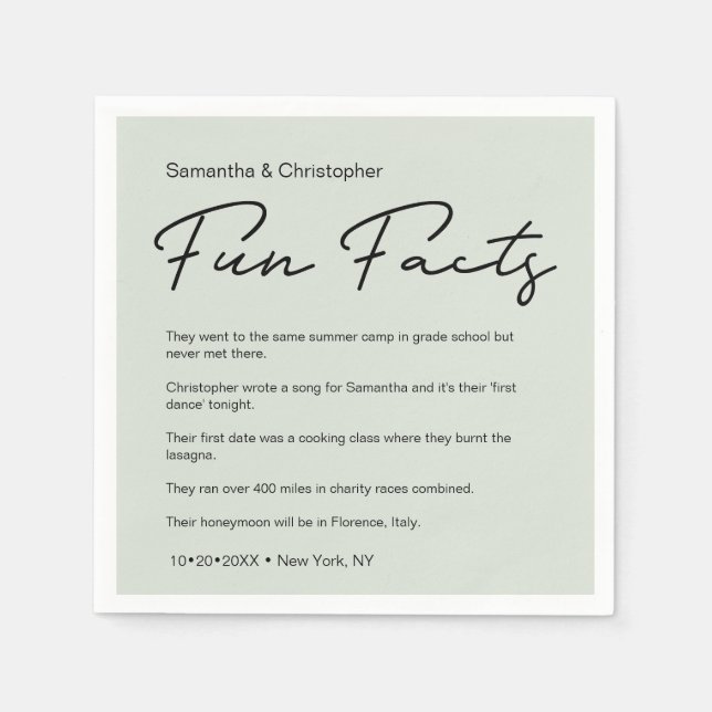 Modern Script Fun Facts Custom Wedding green Napkins (Front)