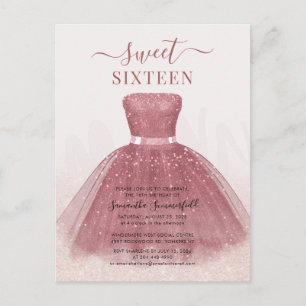 Modern Script Glitter Sweet 16 Birthday Rose Gold Invitation Postcard