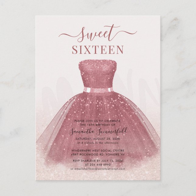 Modern Script Glitter Sweet 16 Birthday Rose Gold Invitation Postcard (Front)
