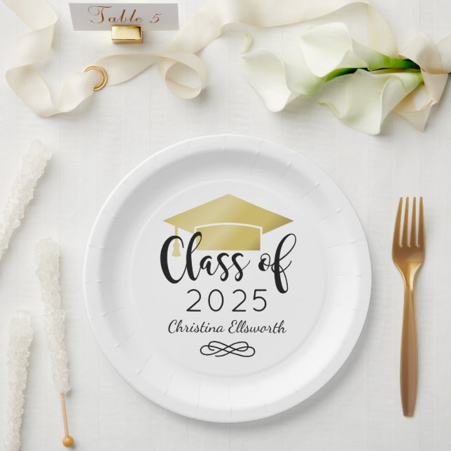 Modern Script Gold 2025 Custom Graduation Paper Plates (Wedding)