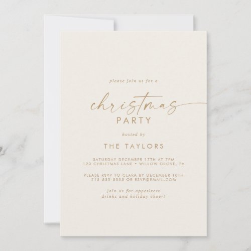 Modern Script  Gold and Cream Christmas Party Invitation