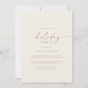 Modern Script   Gold and Cream Holiday Party Invitation