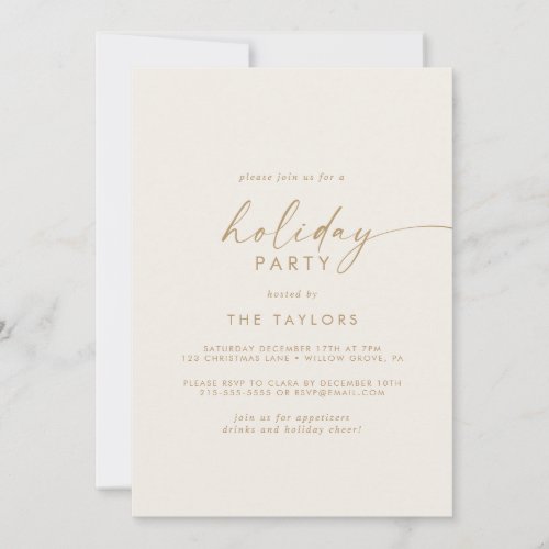 Modern Script  Gold and Cream Holiday Party Invitation