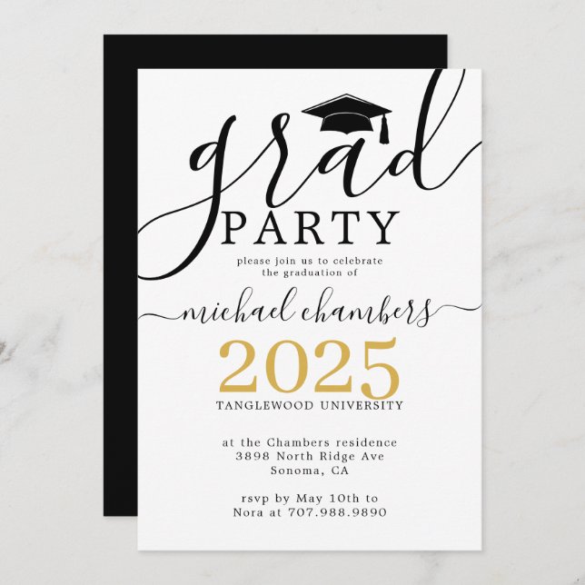 Modern Script Gold Black Graduation Party Invitati Invitation (Front/Back)