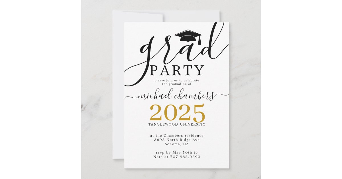 Modern Script Gold Black Graduation Party Invitation | Zazzle