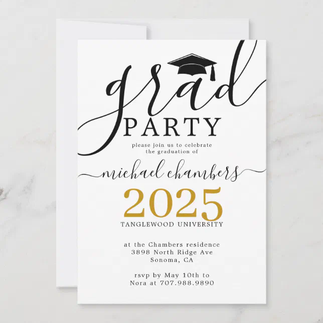 Modern Script Gold Black Graduation Party Invitation | Zazzle