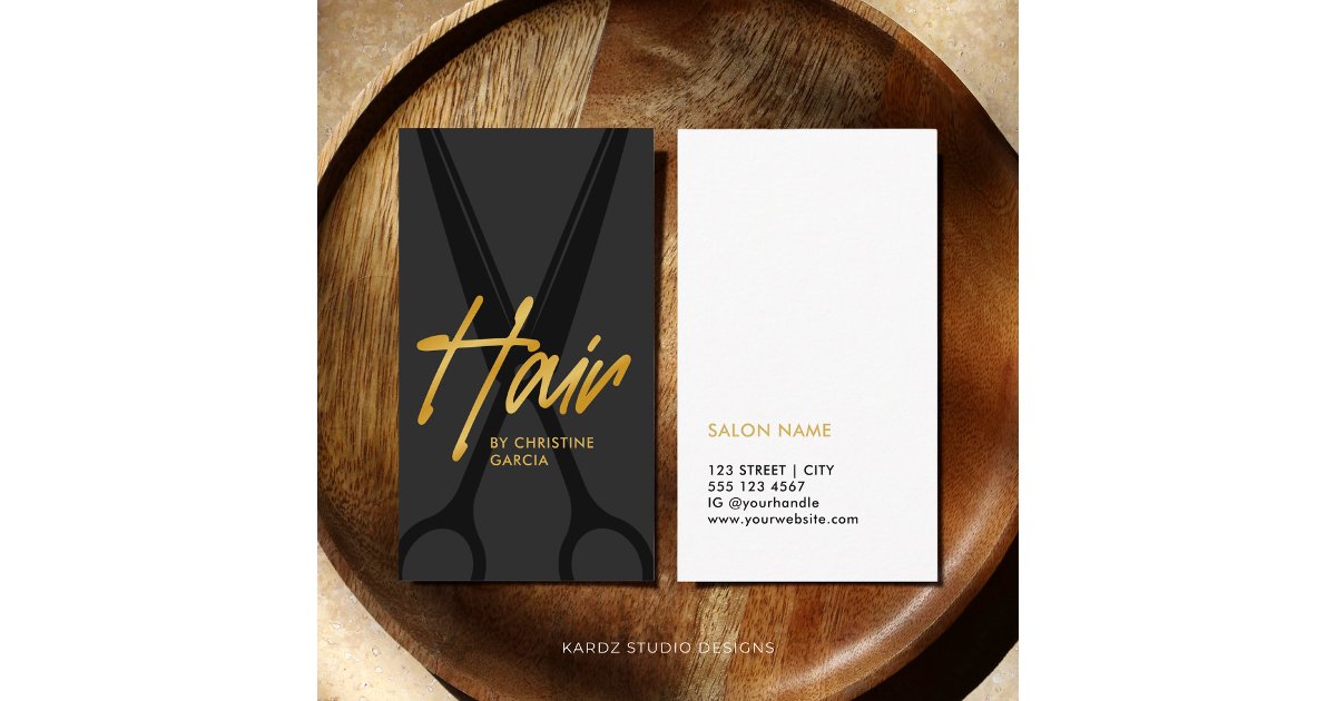 Modern Script Gold Black Hair Stylist Business Card | Zazzle