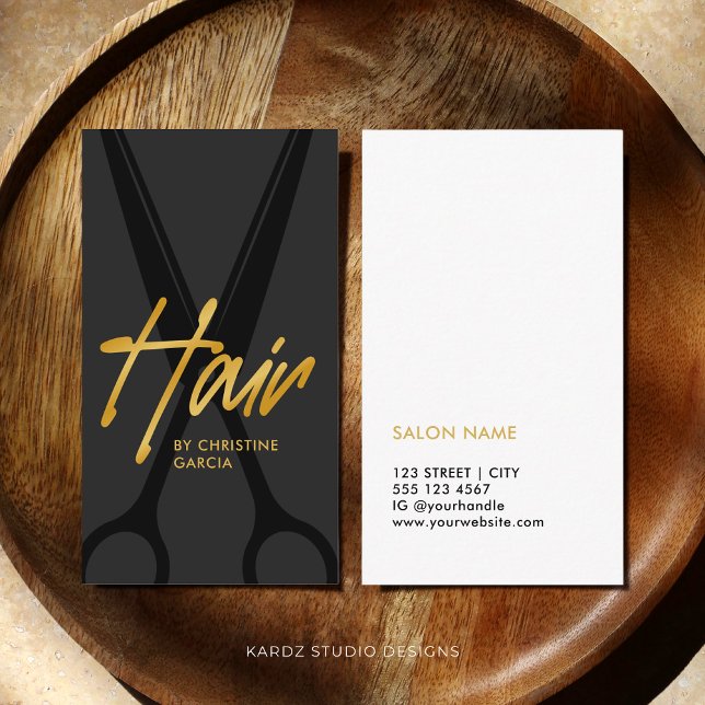 Modern Script Gold Black Hair Stylist Business Card (This hair stylist card is shown in 3.5 x 2 inches. The golden color is a Faux Gold effect.)