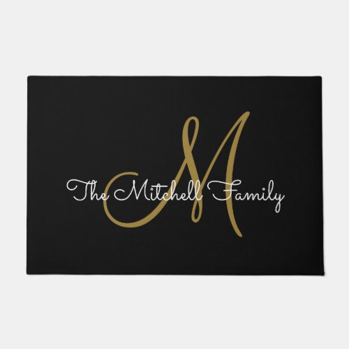 Modern Script Gold Black Monogram Family Name  Doormat