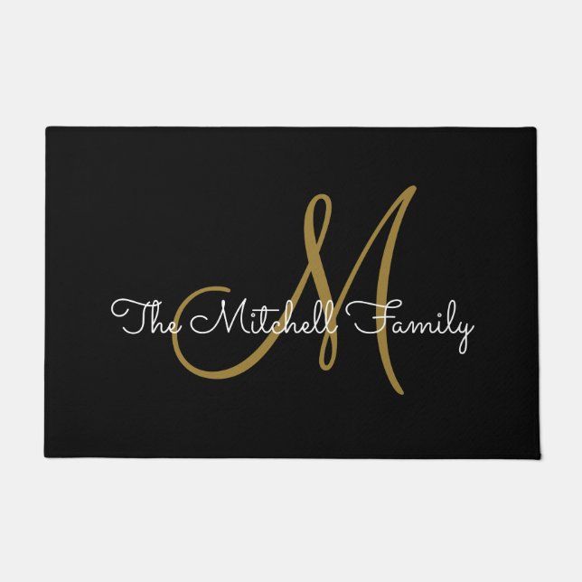 Modern Script Gold Black Monogram Family Name  Doormat (Front)