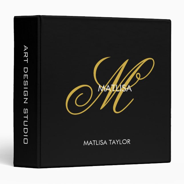 Modern Script Gold Black Monogram Name Custom  3 Ring Binder (Front/Spine)