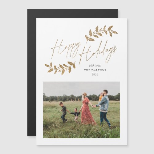 Modern Script Gold Branches Photo Holiday Card