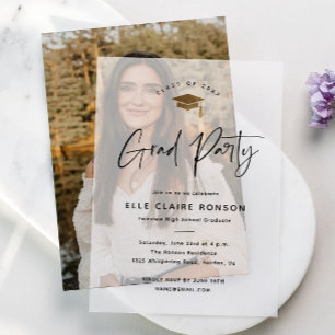 Modern Script Gold Cap Graduation Party Vellum Invitations