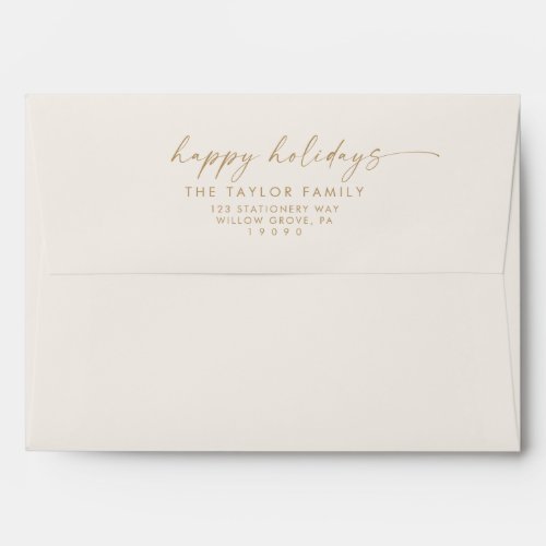 Modern Script  Gold Cream Holiday Card Envelope