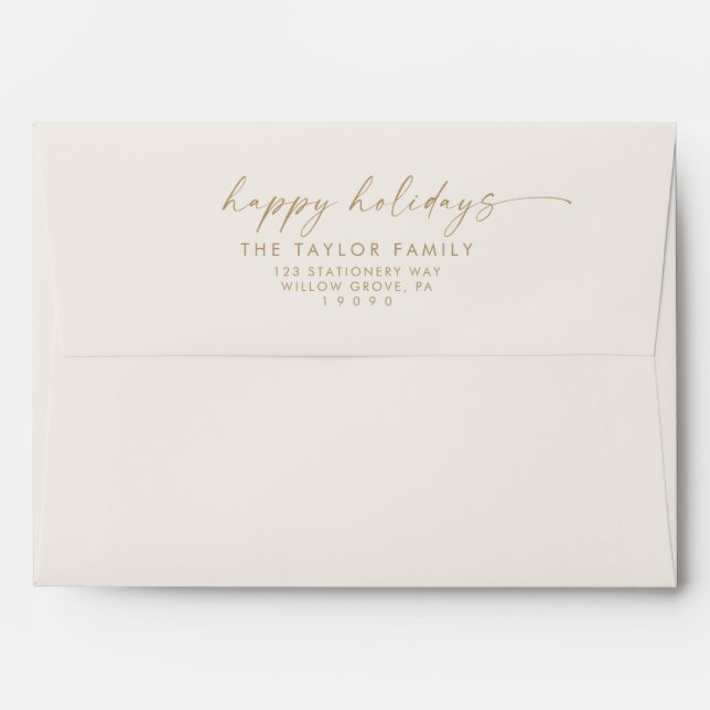 Modern Script | Gold Cream Holiday Card Envelope (Back (Top Flap))