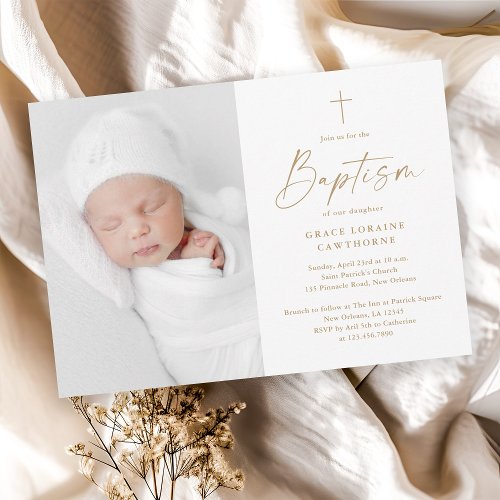 Modern Script Gold Cross Baptism Invitation