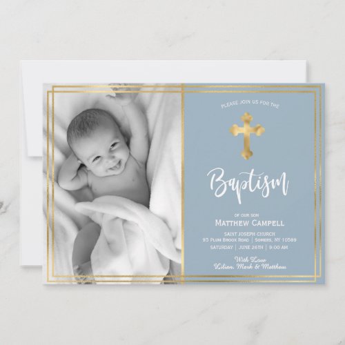 Modern Script Gold Cross Blue Baptism Invitation