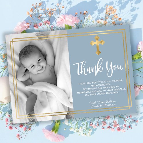 Modern Script Gold Cross Dusty Blue Baptism 