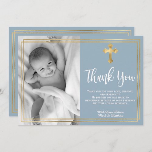 Modern Script Gold Cross Dusty Blue Baptism  Thank You Card