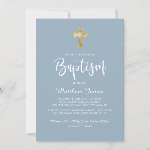 Modern Script Gold Cross Dusty Blue Boy Baptism Invitation